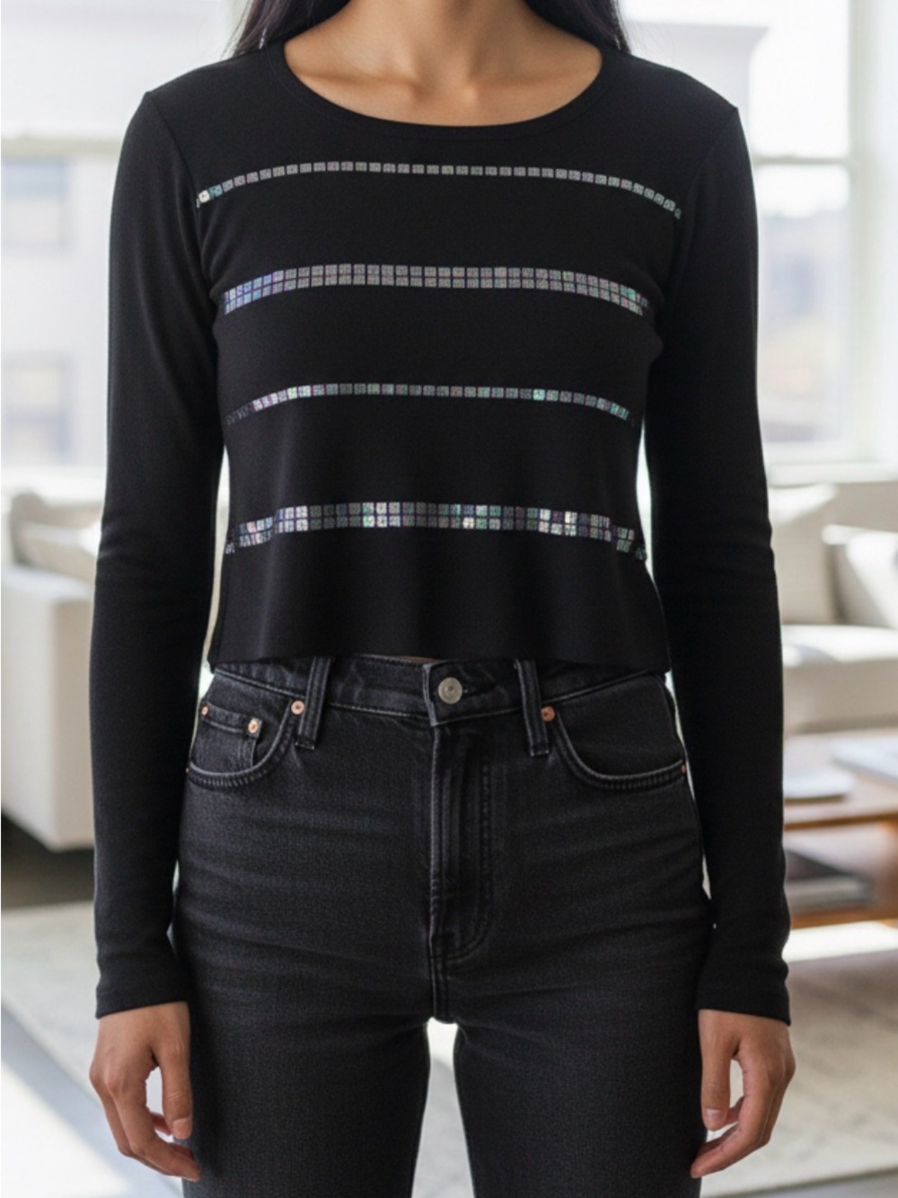 Ann Taylor Navy Long-Sleeve Sequin Stripe Top